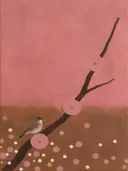 Schilderij van bloesemtak in poederroze en bruin, in vlakke kleurvlakken