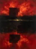 Blokken in diep vuurrood, kleurvelden schilderij, blokken