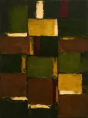 Paletmes abstract schilderij, blokken in kastanje en goud