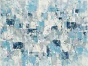 Action painting schilderij, blokken (drip) in zilver en ijsblauw