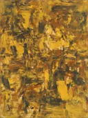 Action painting schilderij, blokken (sweep) in saffraan en roest