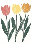 Blokprint illustratie van drie kleurrijke tulpen