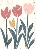 Blokprint illustratie van rode en roze tulpen