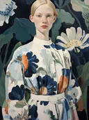 Portret van een blonde vrouw in een wit-blauwe bloemenblouse tegen een donkergroene bladachtergrond.