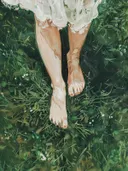 Schilderij van blote voeten in gras met klavertjes.
