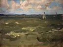 Blue and Silver, Dieppe van James McNeill Whistler: zee met zee, golven, zeilboten en wolken, in gedempt blauw en grijs