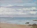 Blue and Silver Trouville, ca. 1865, F1902.137a b ( ) van James McNeill Whistler: zee met strand, zee, zeilboot en wolken, in zacht blauw en zand