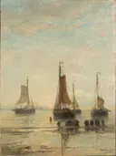 Bluff Bowed Scheveningen Boats at Anchor van Hendrik Willem Mesdag: zee met vissersboten, anker, zee en zeilen, in warm oker en grijs