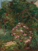 Blumenbeet, Garten von Petit Gennevilliers van Gustave Caillebotte: bloemen met bloemperk, rozen, tuin en bladeren, in roze en donkergroen