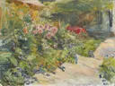 Blumenstauden am Gärtnerhaus nach Osten van Max Liebermann: bloemen met bloemperk, tuin, border en pad, in roze, wit en groen