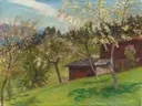 Blütenbäume hinter Frau Windisch mit unserem Haus, 1933 van Otto Modersohn: landschap met bloesembomen, huis, weide en lente, in fris groen met wit