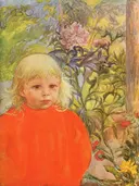 Bo van Carl Larsson: portret met kind, blond, oranje jurk en bloemen, in oranje met groen