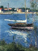 Boat moored on the Seine at Argenteuil van Gustave Caillebotte: zee met boot, water, rivier en oever, in diep blauw en wit