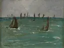 Boats at Berck sur Mer van Edouard Manet: zee met boten, zee, zeilen en water, in grijsgroen