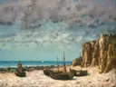 Boats on a beach, Etretat van Gustave Courbet: zee met strand, boten, kliffen en zee, in oker en grijsblauw