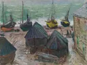 Boats on the Beach at Étretat van Claude Monet: zee met boten, strand, zee en vissersboten, in grijsblauw en bruin