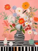 Boeket bloemen in een gestreepte vaas tegen een roze achtergrond.