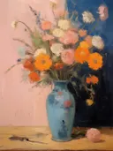 Stilleven met een bloemenboeket in een blauwe vaas op een roze en blauwe achtergrond.
