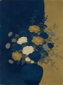 Schilderij van boeket in een vaas in nachtblauw en goud