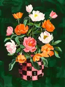 Boeket in geblokte vaas schilderij, kleurrijk bloemenstilleven op donkergroene achtergrond