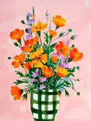 Boeket in geruite vaas schilderij, kleurrijk bloemenstilleven