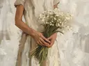 Schilderij van handen die een boeket witte bloemen vasthouden.