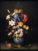 Boeket met keizerskroon in top in een Wan Li vaas, ca. 1619 van Balthasar van der Ast: bloemen met boeket, vaas, tulpen en rozen, in donker met felle bloemkleuren