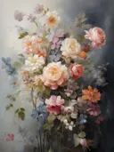 Stilleven met een boeket rozen in pasteltinten tegen een donkere achtergrond.