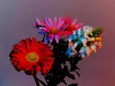 Boeket met een rode gerbera, roze-paarse asters en een pastelkleurige hortensia.