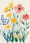 Schilderij van een boeket met tulpen, klaprozen en boterbloemen