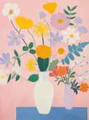 Boeket wilde bloemen in een witte vaas tegen een roze achtergrond.