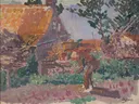 Boer in moestuin van Jan Toorop: landschap met moestuin, huis, boer en bomen, in fel rood en groen