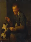 Boer met een hond van David Ryckaert III: dieren met mannen en honden