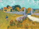 Boerderij in de Provence van Vincent van Gogh: landschap met boerderij, velden, bloemen en hooiberg, in okergeel met turquoise
