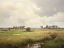 Landschapsschilderij van een boerderij in een uitgestrekte vlakte