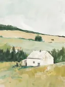 Schilderij van een boerderij in een groen dal