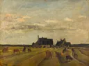 Boerderij te Kerity, Bretagne van Charles-François Daubigny: landschap met boerderij, velden, wolken en oogst, in gedempt beige en blauw