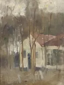 Boerderij van Jan Toorop: landschap met boerderij, bomen, huis en erf, in gedempt grijsbruin