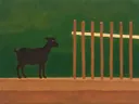 Schilderij van boerderijdier in dennengroen en klei, in vlakke kleurvlakken