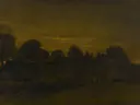 Boerendorp in de avond van Vincent van Gogh: landschap met dorp, bomen, avond en veld, in donker olijfbruin