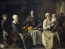 Boerengezin van Grégory Lejeune: interieur met boeren, gezin, tafel en wijn, in donkerbruin en wit