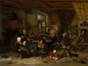 Boerenherberg van Cornelis Dusart: interieur met herberg, boeren, hond en kinderen, in warm bruin