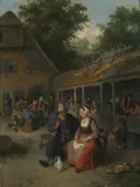 Boerenherberg van Cornelis Dusart: interieur met herberg, boeren, hond en kinderen, in warm bruin