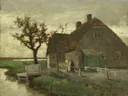 Boerenhuis aan een vaart van Jan Hendrik Weissenbruch: landschap met boerderij, boom, vaart en hek, in gedempt oker en grijs