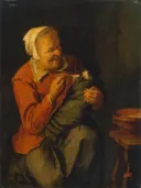 Boerenvrouw met een kat van David Ryckaert III: dieren met vrouwen, huiskat en pap