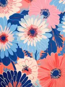 Bold bloemenpatroon met margrieten in blauw, roze en rood.