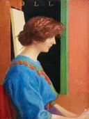 Bolla II 1913 van Carl Larsson: portret met vrouw, blauwe jurk, rood haar en deur, in helder blauw met rood en groen