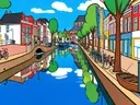 Bolsward, gracht in cartoonstijl, schilderij van Bolsward