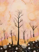 Silhouet van kale bomen voor een roze-oranje mandala-achtige zon met gestippeld bloemenpatroon.
