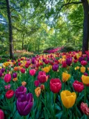 Schilderij van een kleurrijk tulpenveld onder bomen in het bos